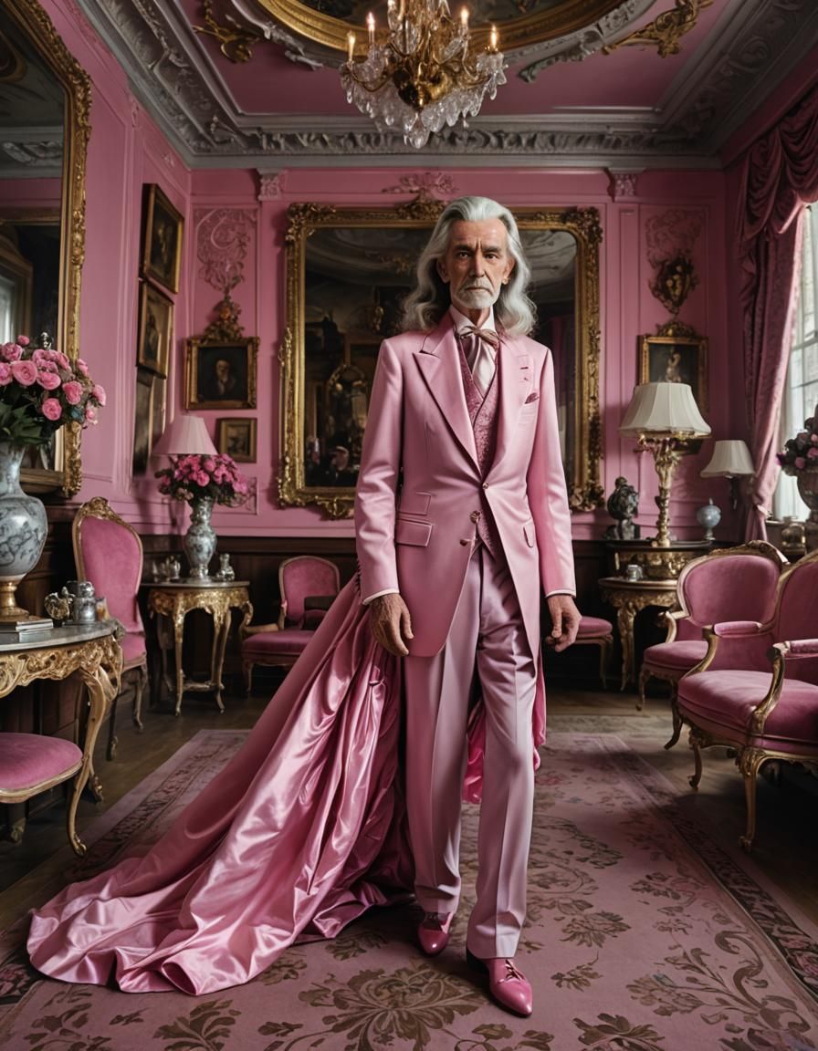 Elderly Man in Pink Ballgown in Ornate Parlour
