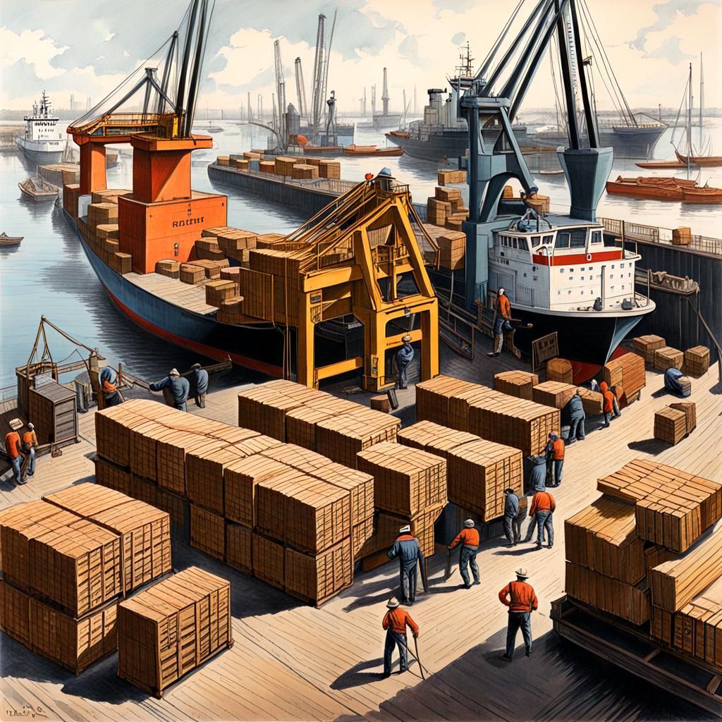 Le Havre Docks: Vintage Drawing of Dockworkers Unloading Cra...