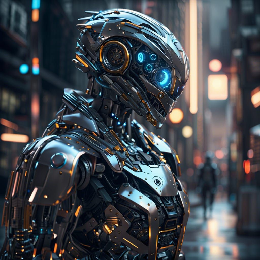 Sleek Humanoid Robot in Futuristic City Alley