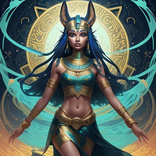 Girl Dances with Anubis in Vibrant Ancient Egyptian Fantasy