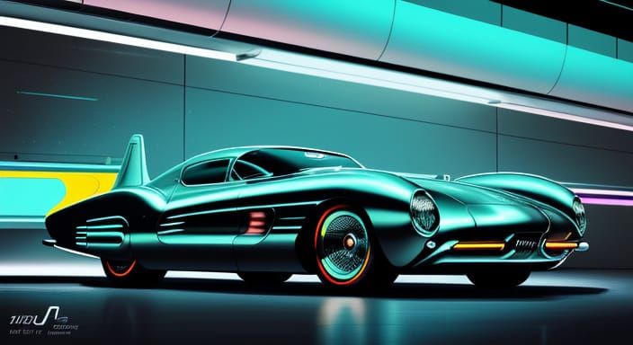 Retro-Futuristic Cityscape with Flying Cars and Atomic Age D...