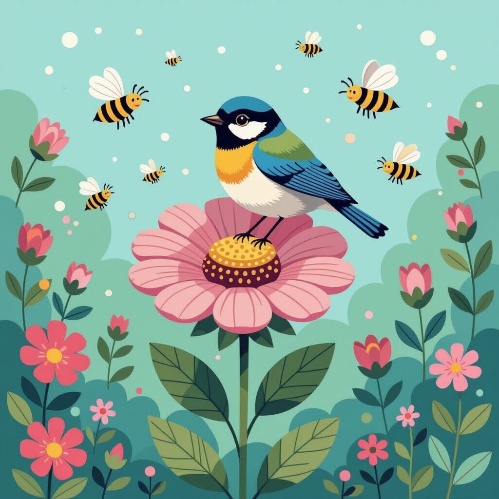 Whimsical Garden with Bird and Bees in Vibrant Colors