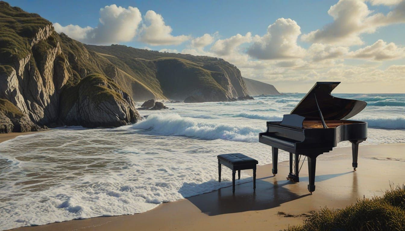 Grand Piano Submerged in New Zealand Landscape