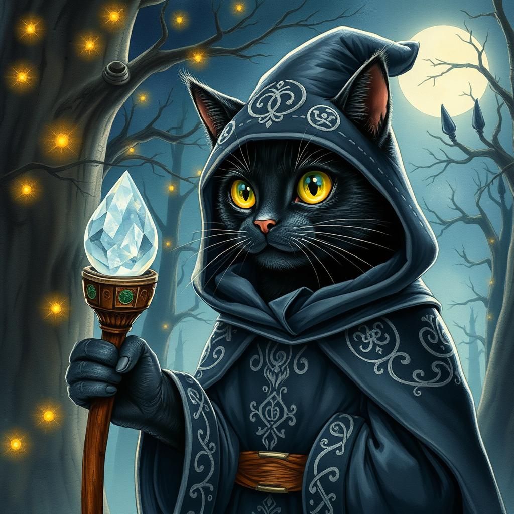 Majestic Black Cat Wizard in Whimsical Forest Scene