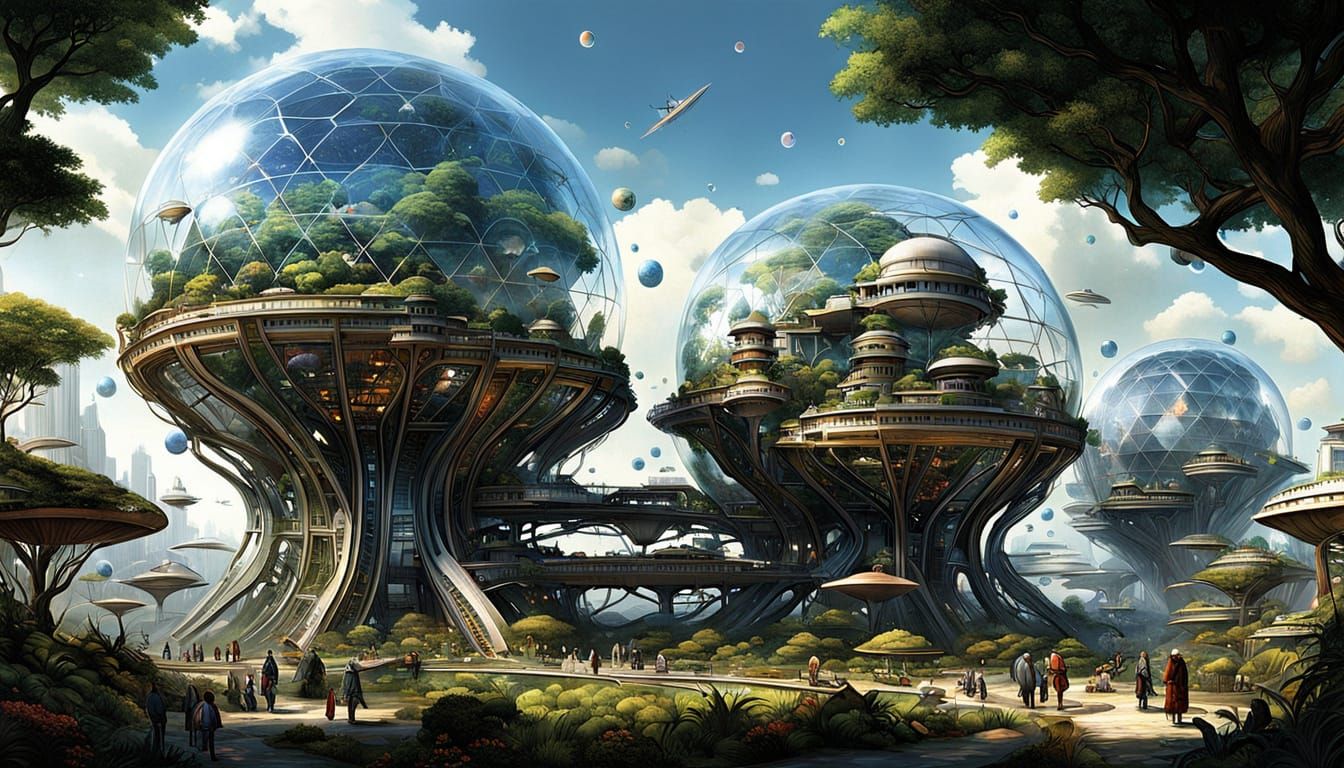 A Solarpunk Metropolis of Glass Bubbles and Biomechanical Ma...