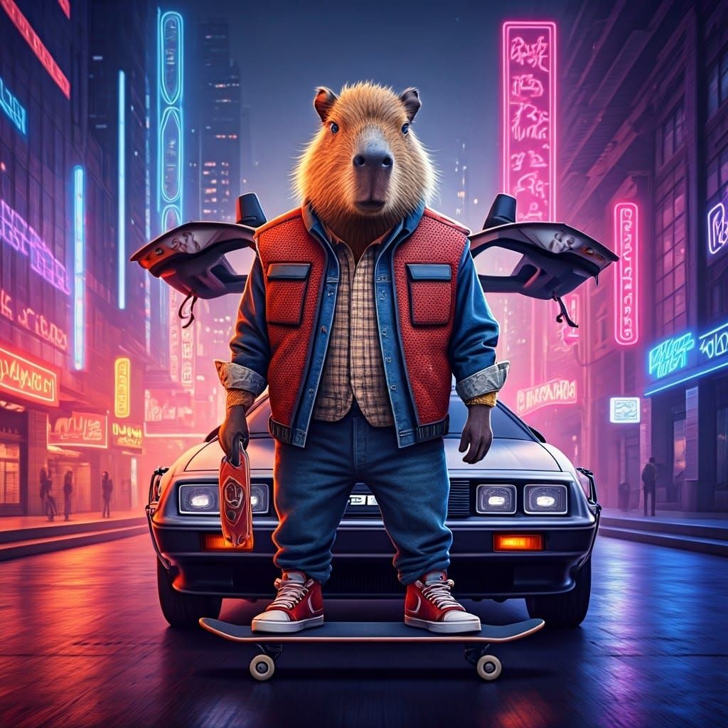 Time-Traveling Capybara in 80s Cityscape