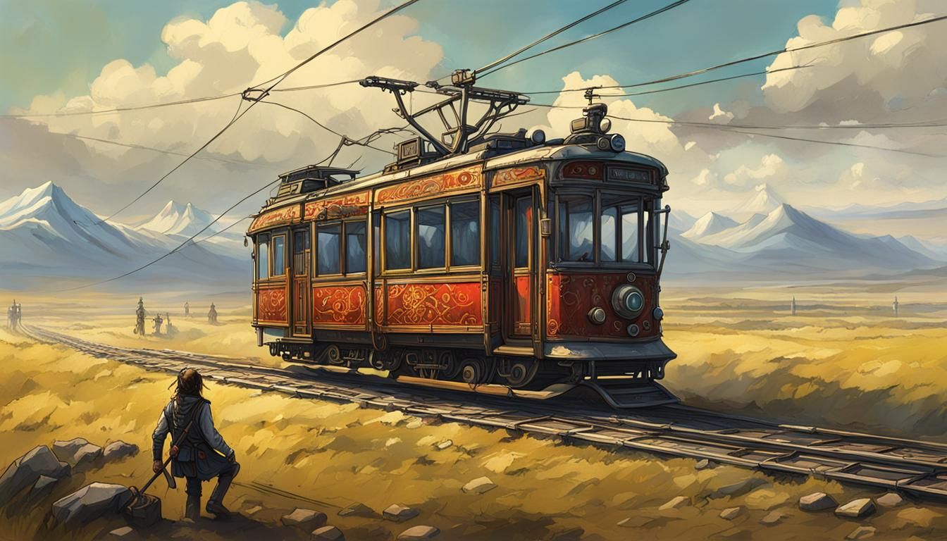 Electropunk Tram on Plains in Fantasy Art Style