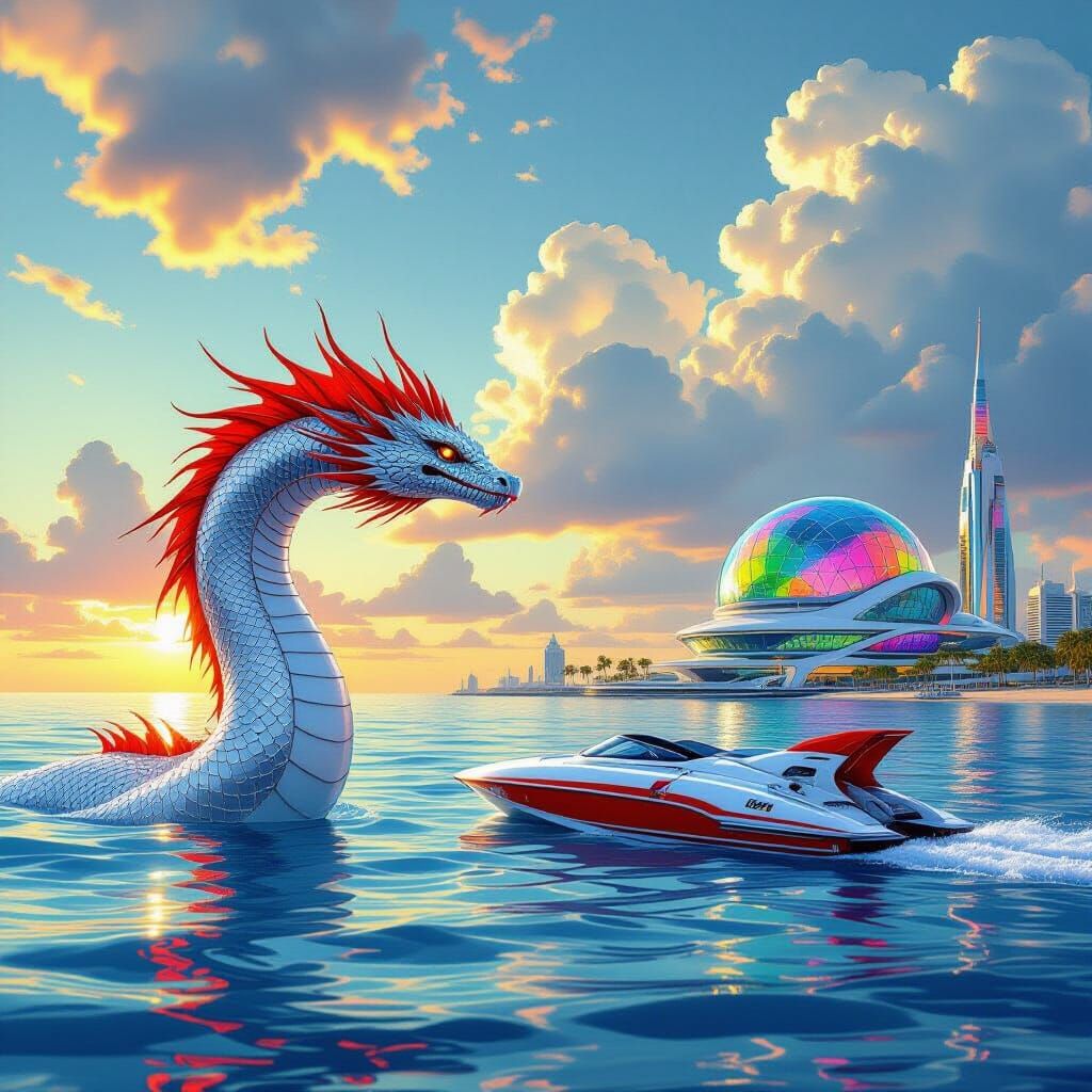Sea Serpent Meets Futuristic Boat Near Domed City at Sunset