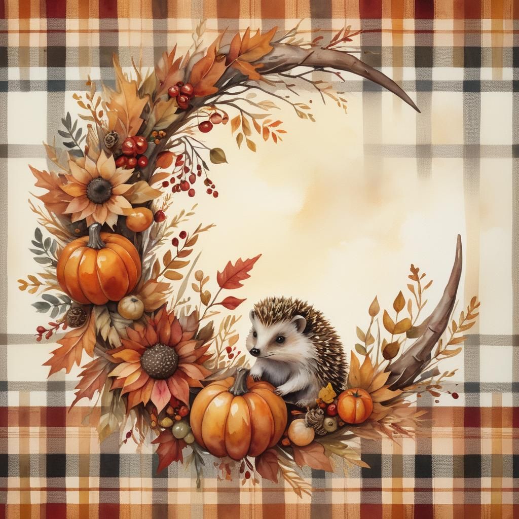 Autumnal Hedgehog in Crescent Wreath, Watercolor Oil Fusion