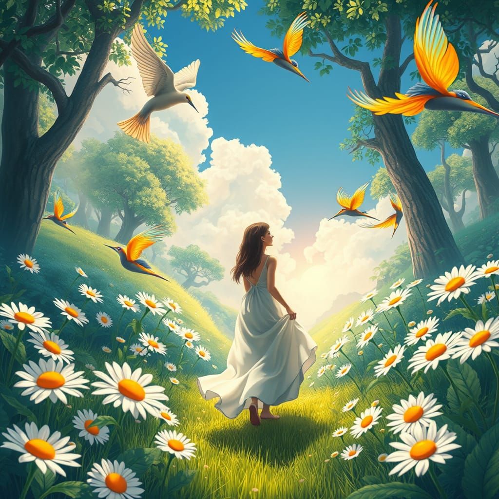 Woman in Magical Forest Clearing, Whimsical Art