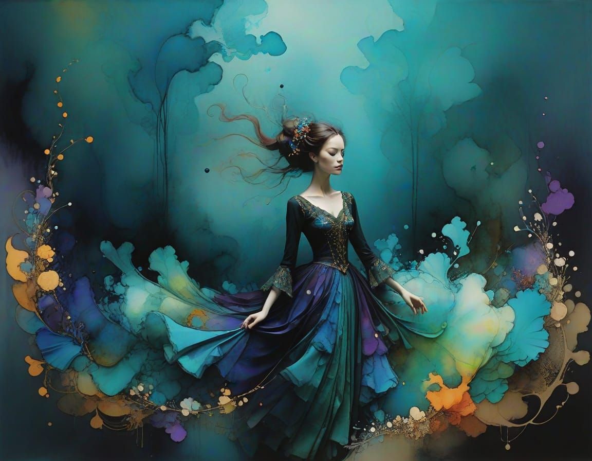 Magical Arabesque Liquid Ink Art in Triadic Colors