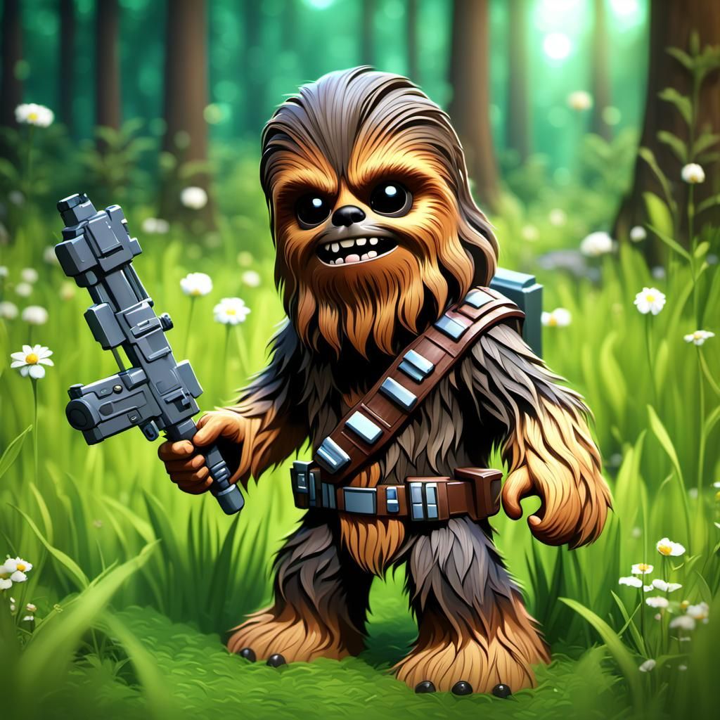 Cute Chibi Chewbacca in Summer Meadow, 3D Render