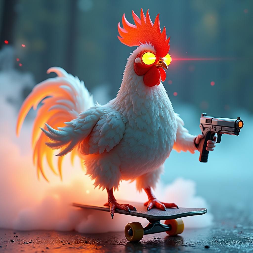 Cyberpunk Rooster with Fiery Eyes and Ice Crest