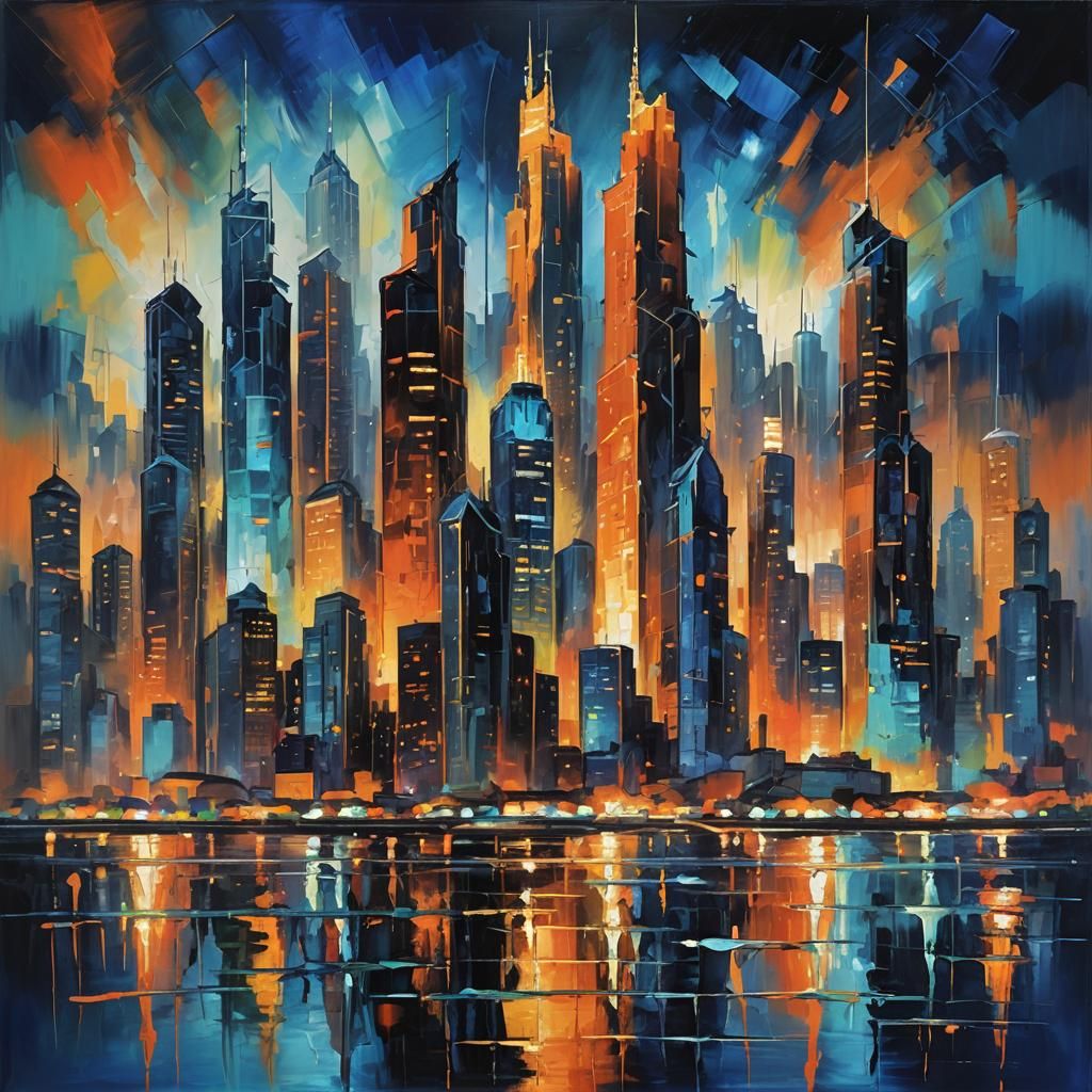 Abstract Cityscape at Night in Expressionist Style