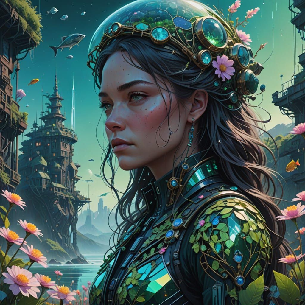 Gemstone Goddess Amidst Shimmering Crystal Garden