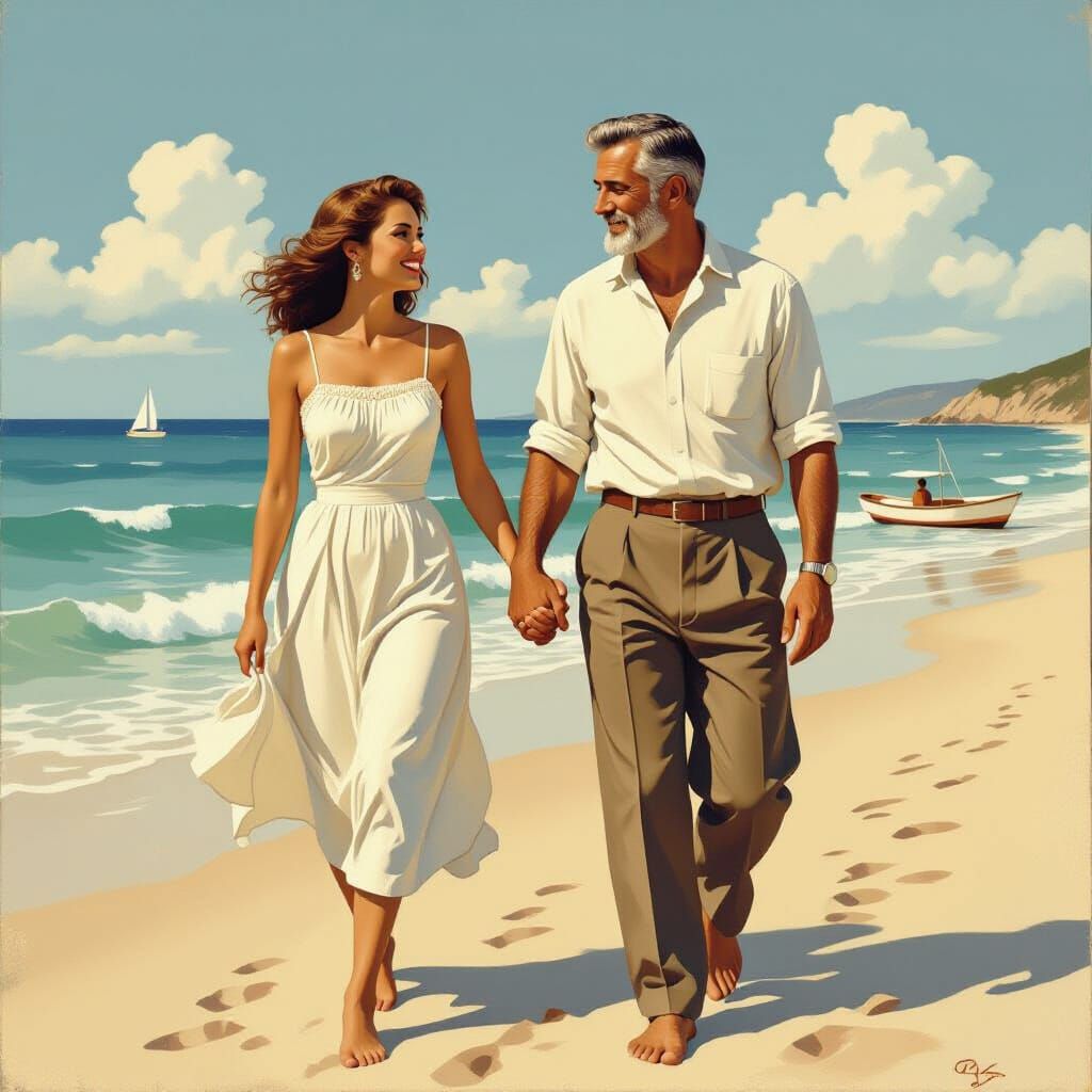 Romantic Beach Walk at Sunset in Realistic Style