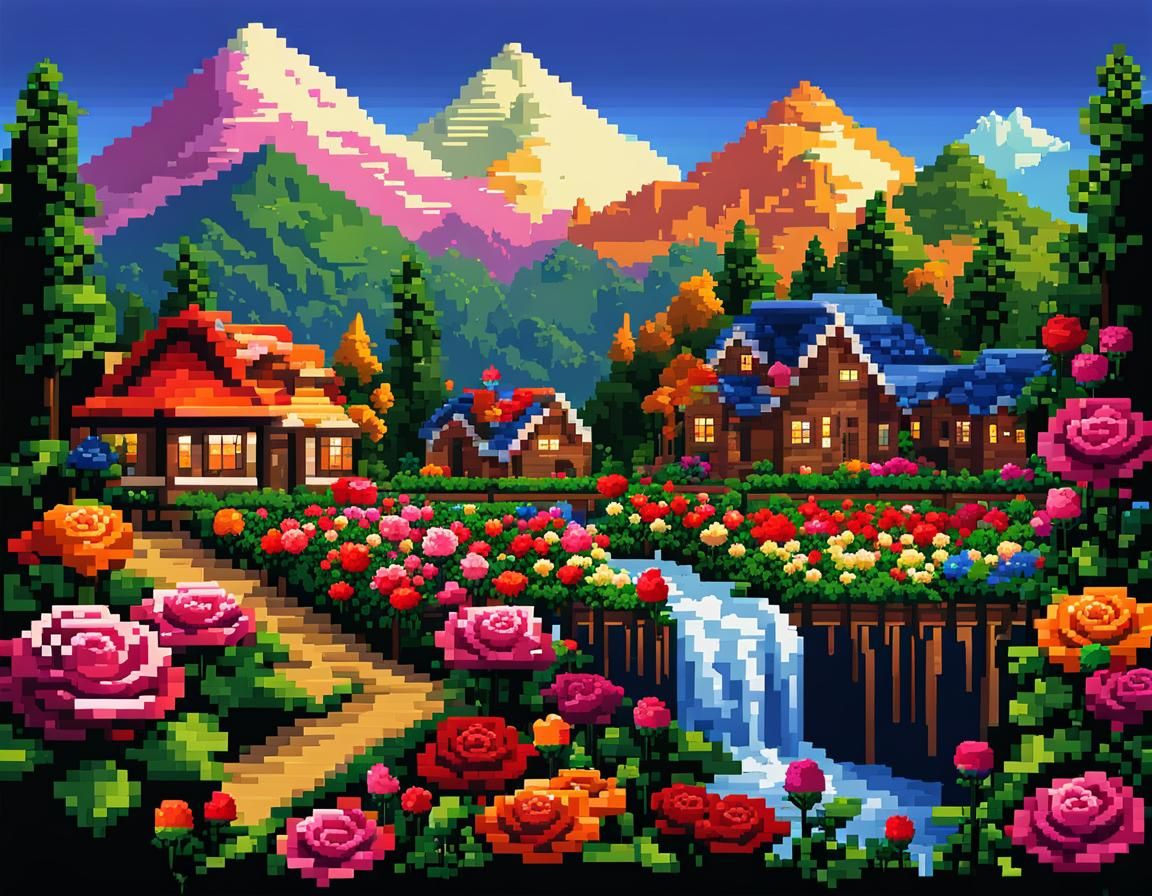Pixel Art Landscape with Roses and Cottages