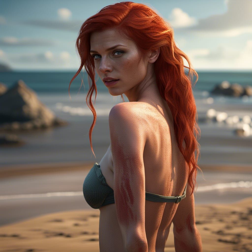 Realistic Redhead Woman on Beach in Detailed Matte Painting