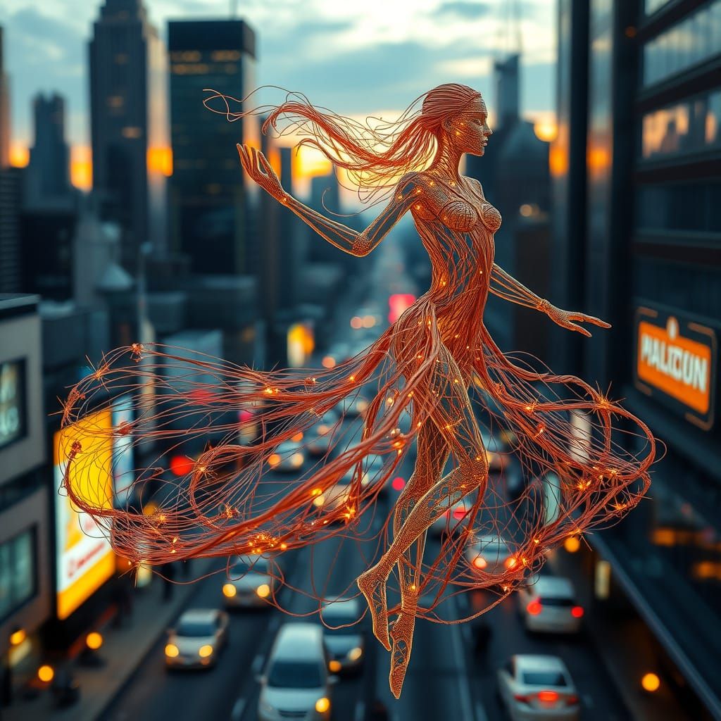 Wire Woman Dancing in Cityscape, Futuristic Art
