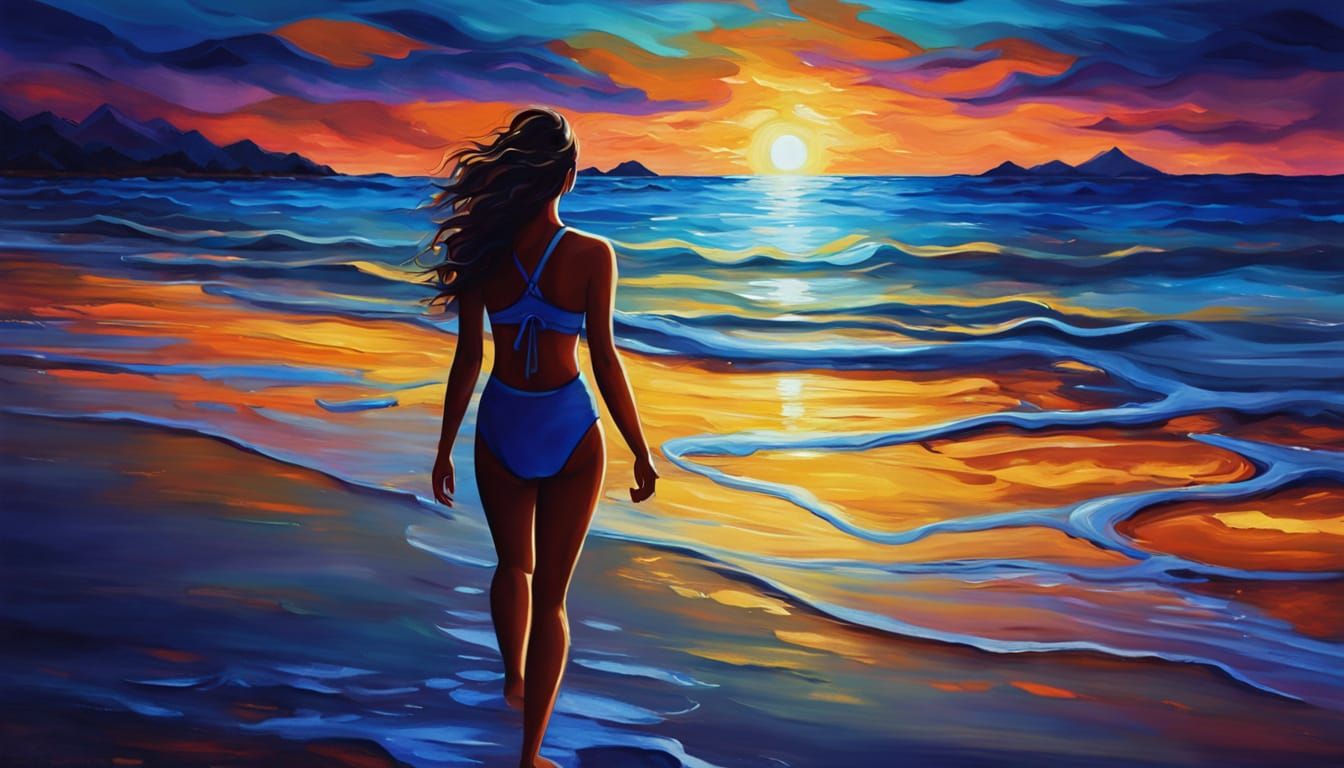 Curvy Woman on Moonlit Beach in Digital Art Style