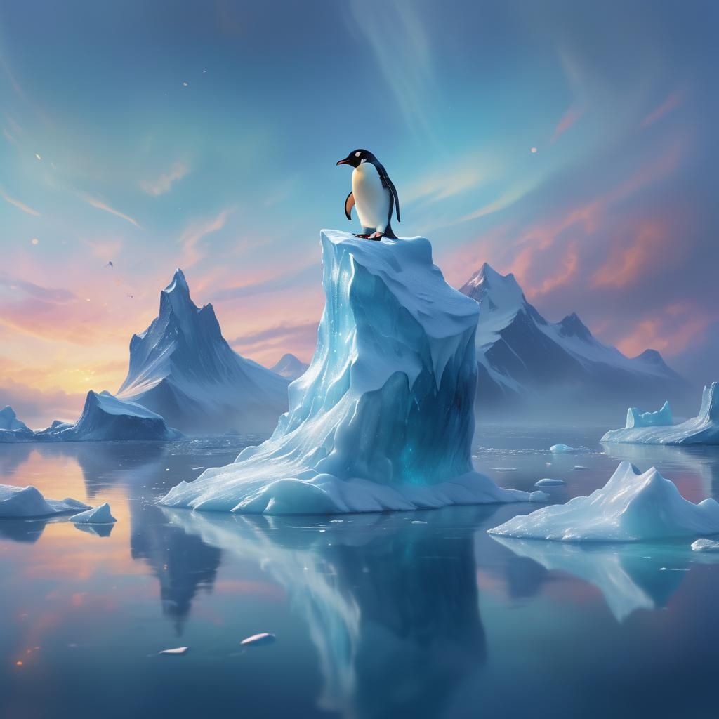 Penguin on Iceberg in Ethereal Fantasy Style