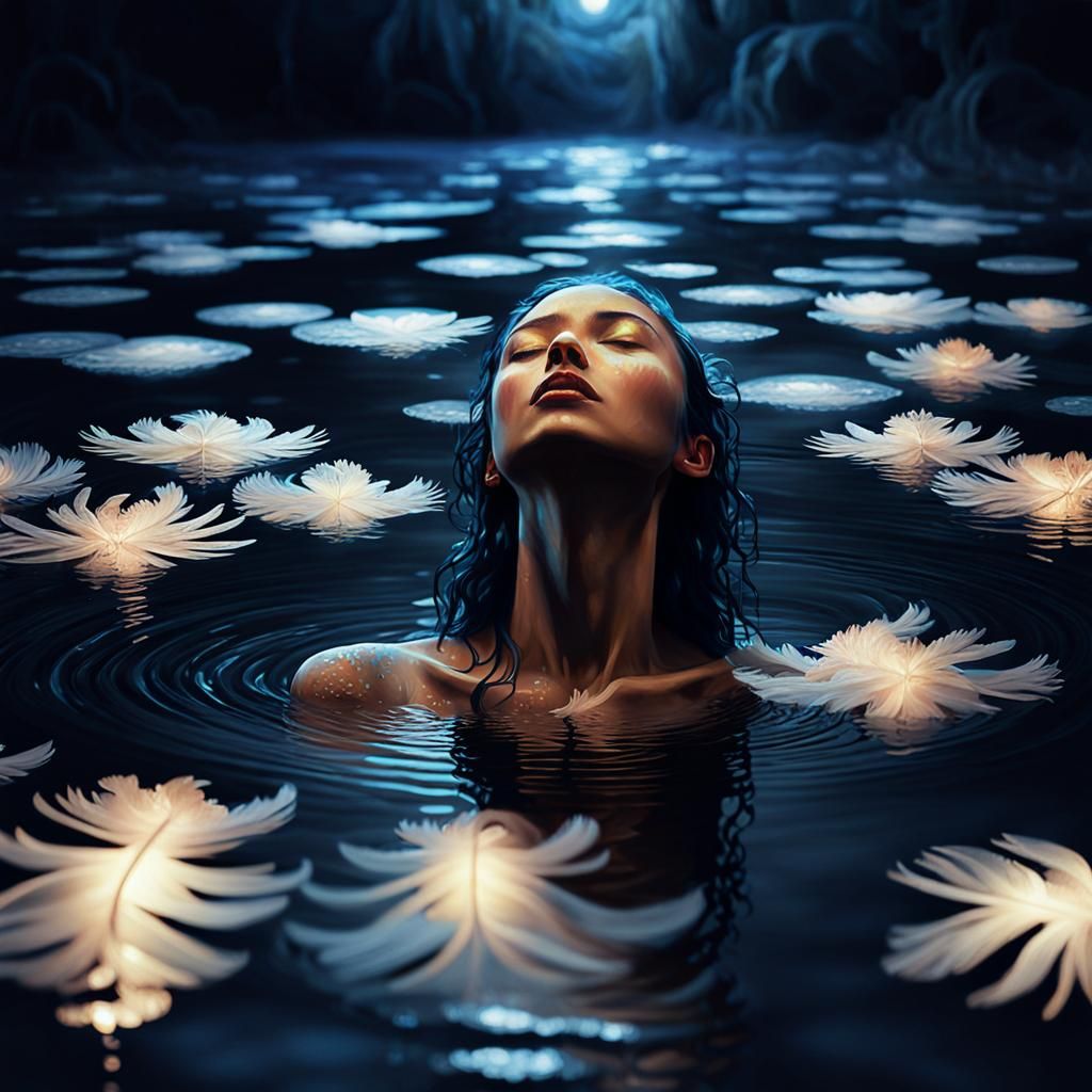 Surreal Woman in Midnight Pond with Bioluminescent Feathers