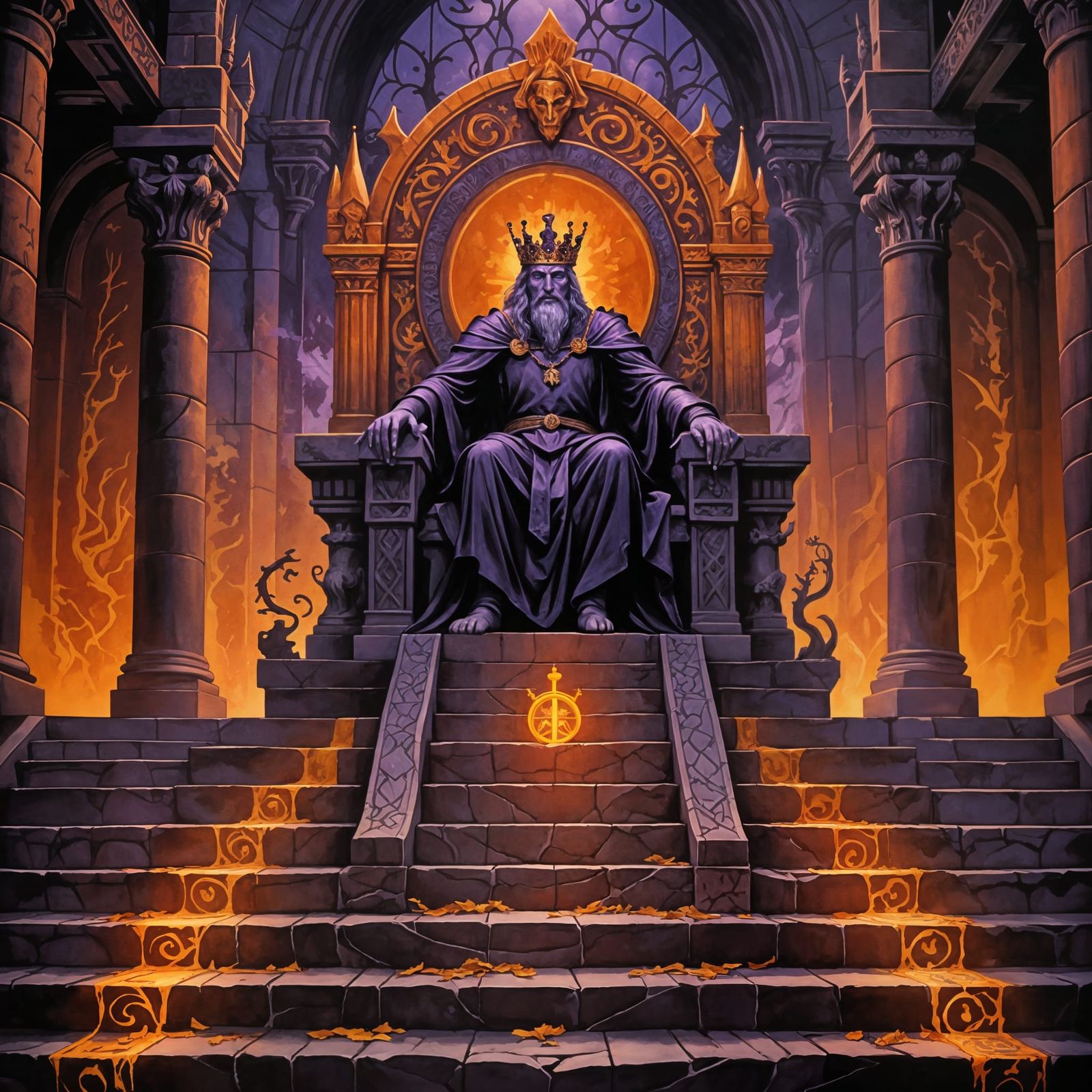 Wise King on Throne with Sinister Gargoyle Guardians