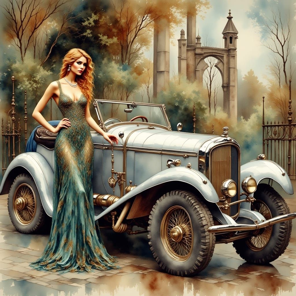 Classic 1920s Car with Elegant Woman in Art Deco Style