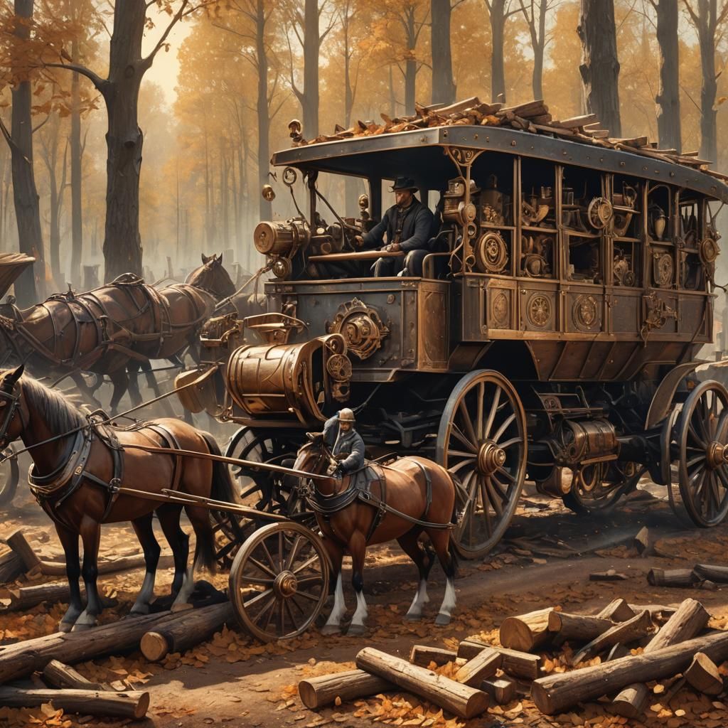 Steampunk Woodcutter in Forest with Horse-Drawn Carriage