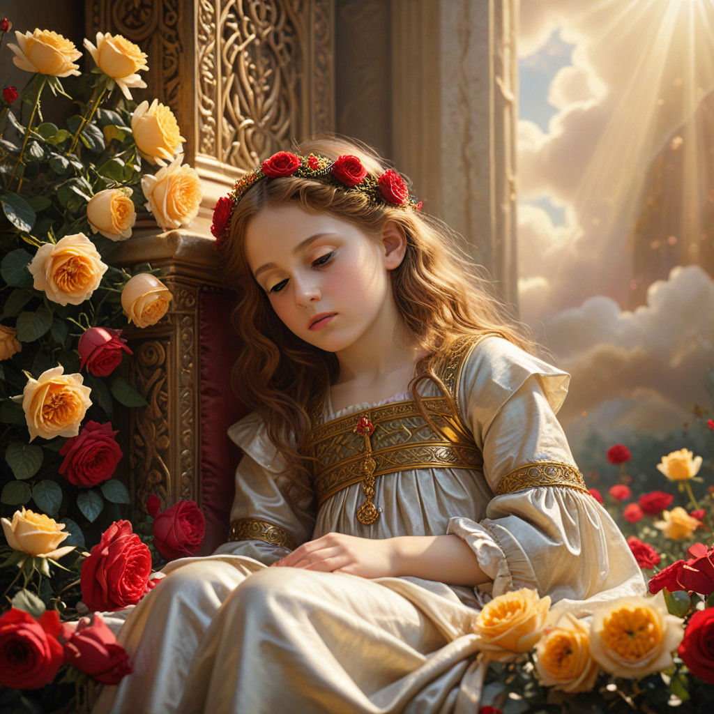Child at the Foot of a Heavenly Throne, Surrounded by Roses....