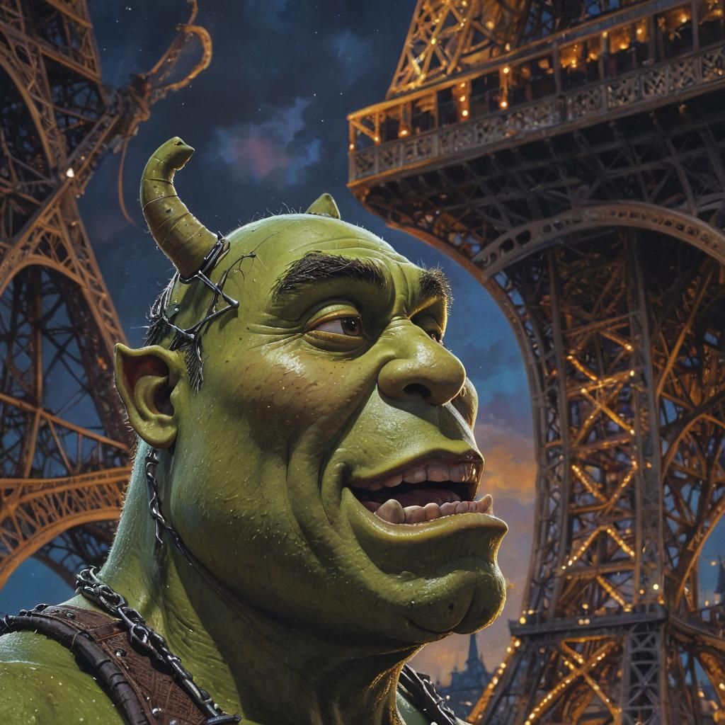 Shrek Eats Eiffel Tower in Surrealist Oil Painting