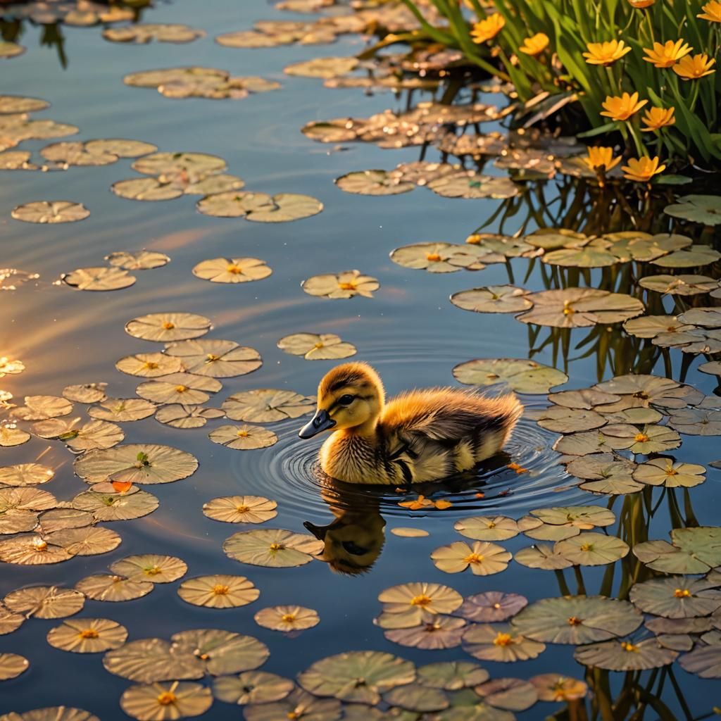 Adorable Duckling in Sunset Pond: Alcohol Ink Art