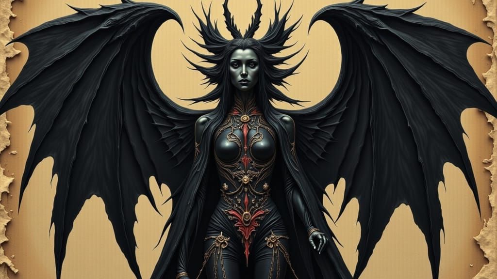 Dark Fantasy Female Figure with Bat Wings and Gothic Style