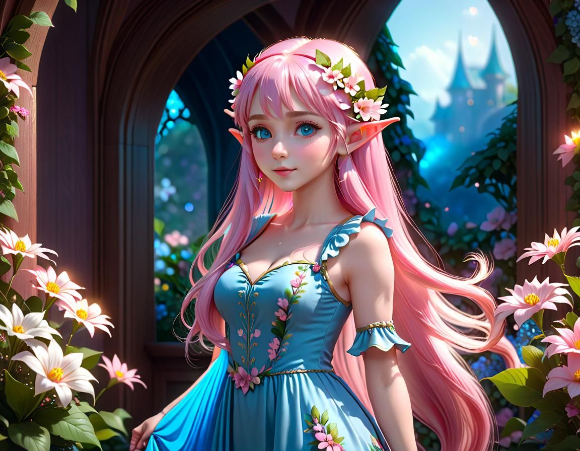 Cute Elf with Pink Hair and Flowers, Digital Illustration