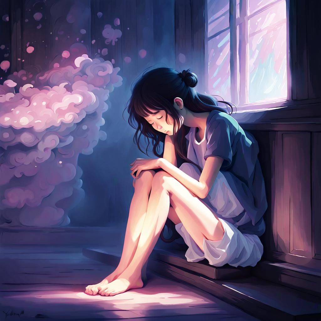 Young Girl in Dark Room: Whimsical Digital Art