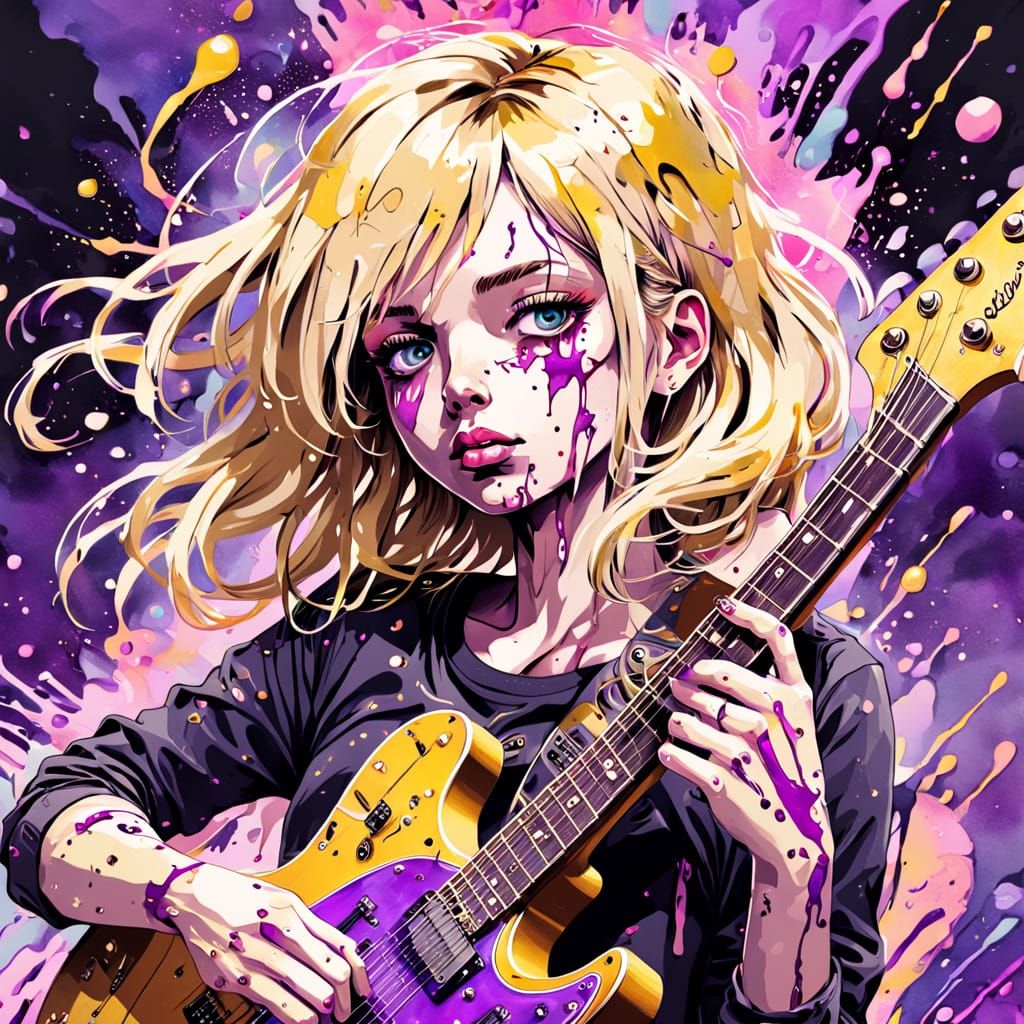 Surreal Blond Guitarist in Vibrant Pastel Pink and Gold Spla...