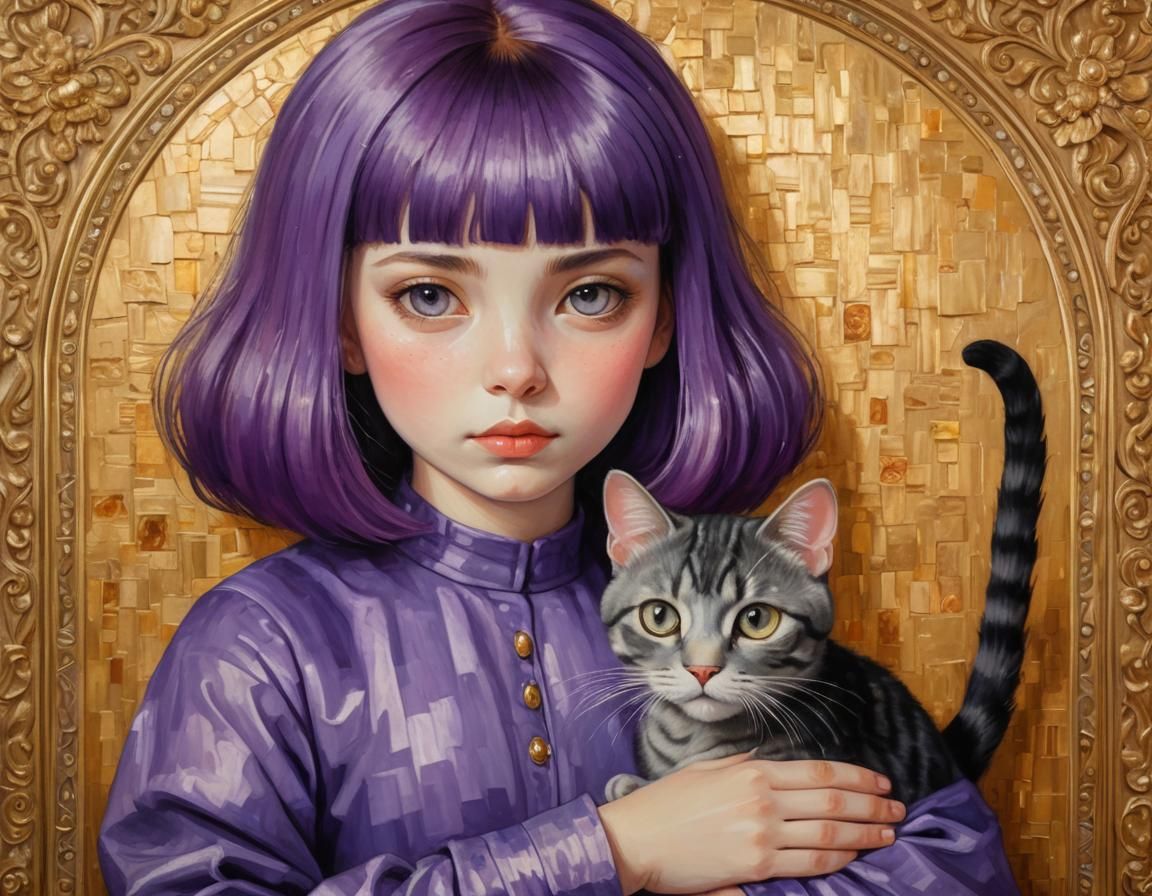 Girl with Cat: Oil Painting in Klimt Style