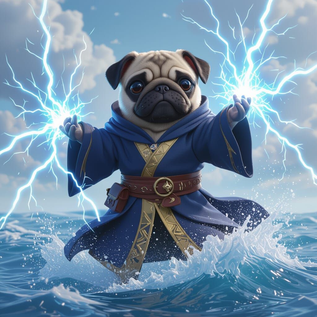 Fawn Pug Wizard Conjures Sea Maelstrom in 3D Anime Style