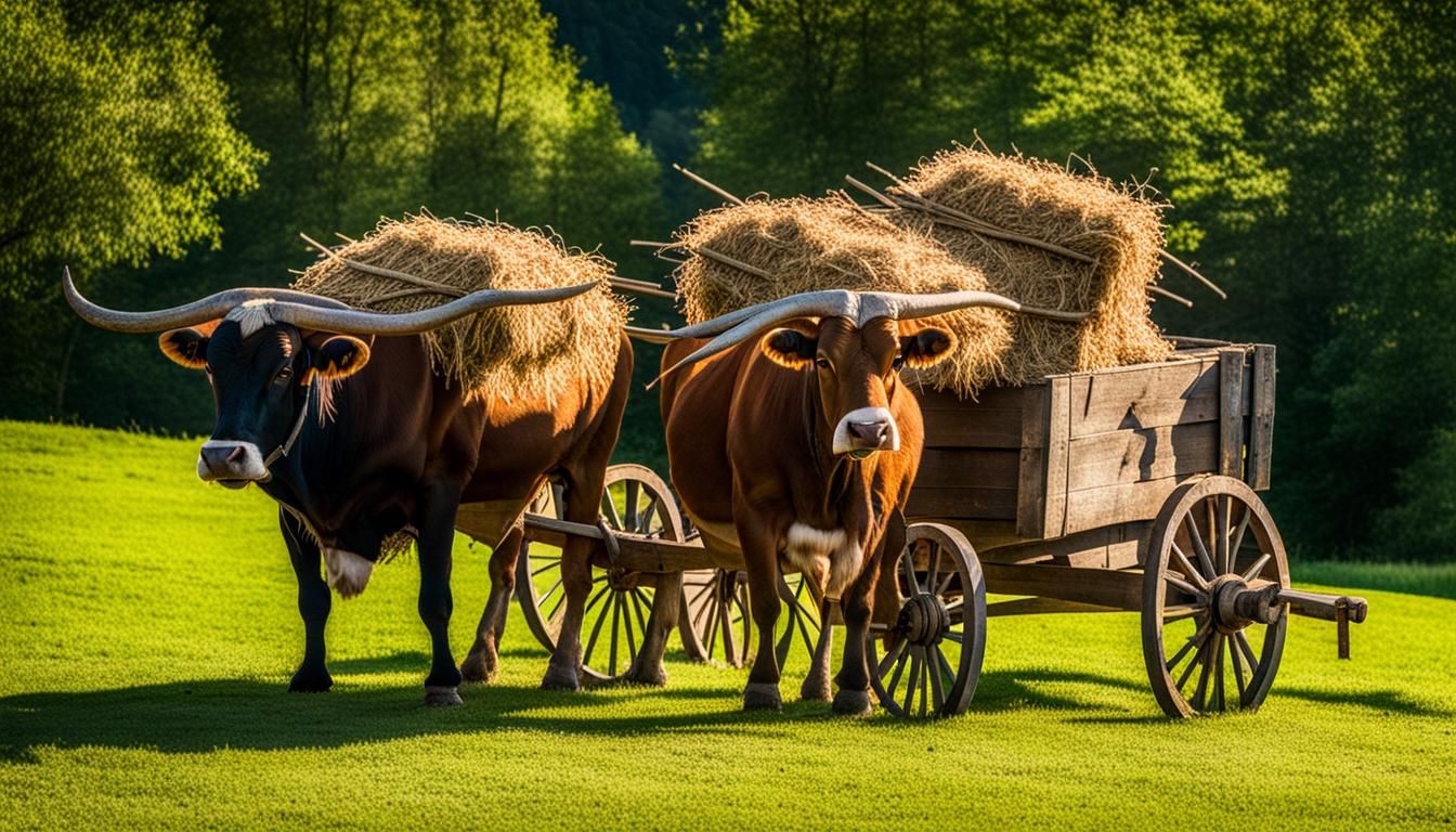 Oxen Pulling a Wooden Hay Cart