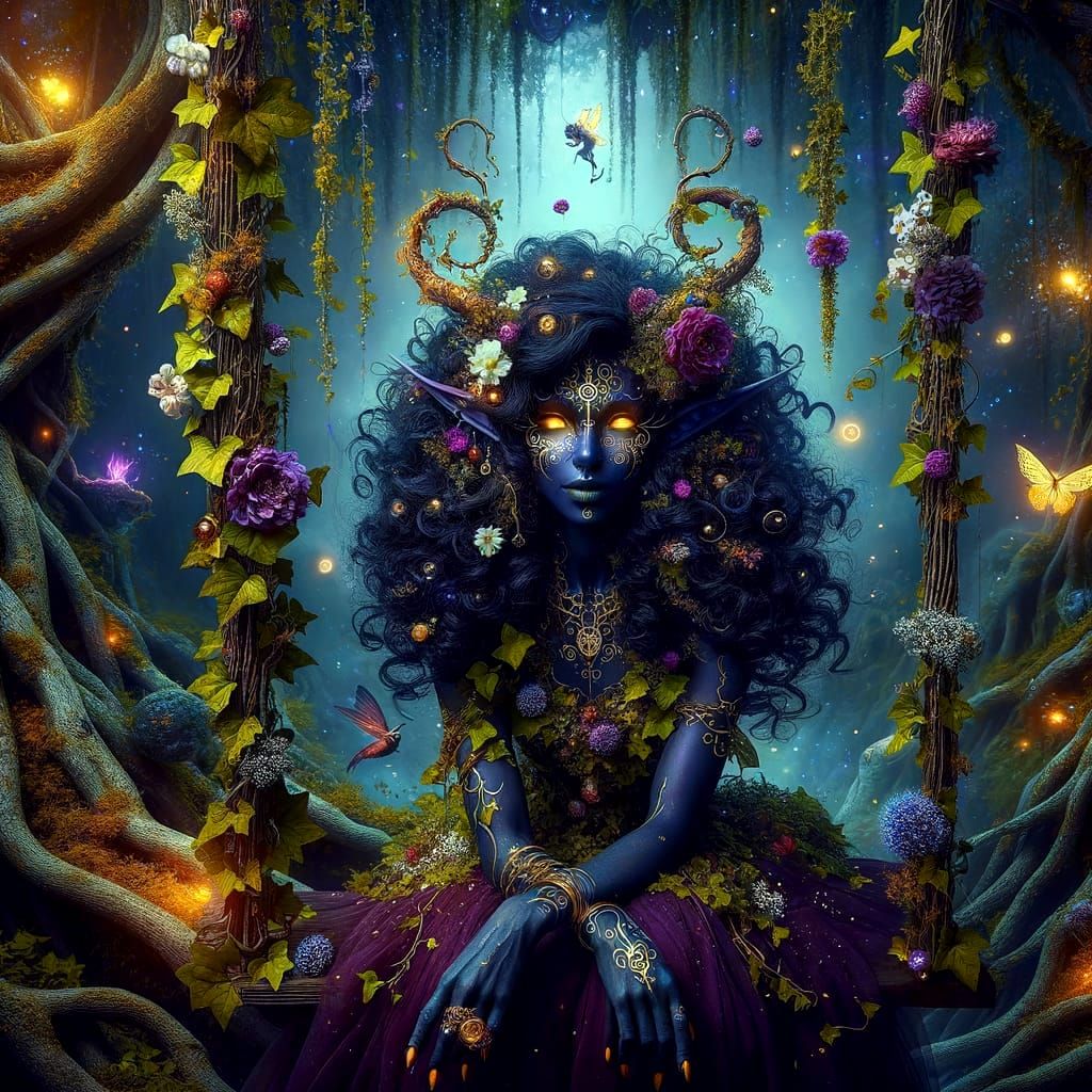 Gothic Fantasy Tiefling Seated on Enchanted Swing in Ancient...