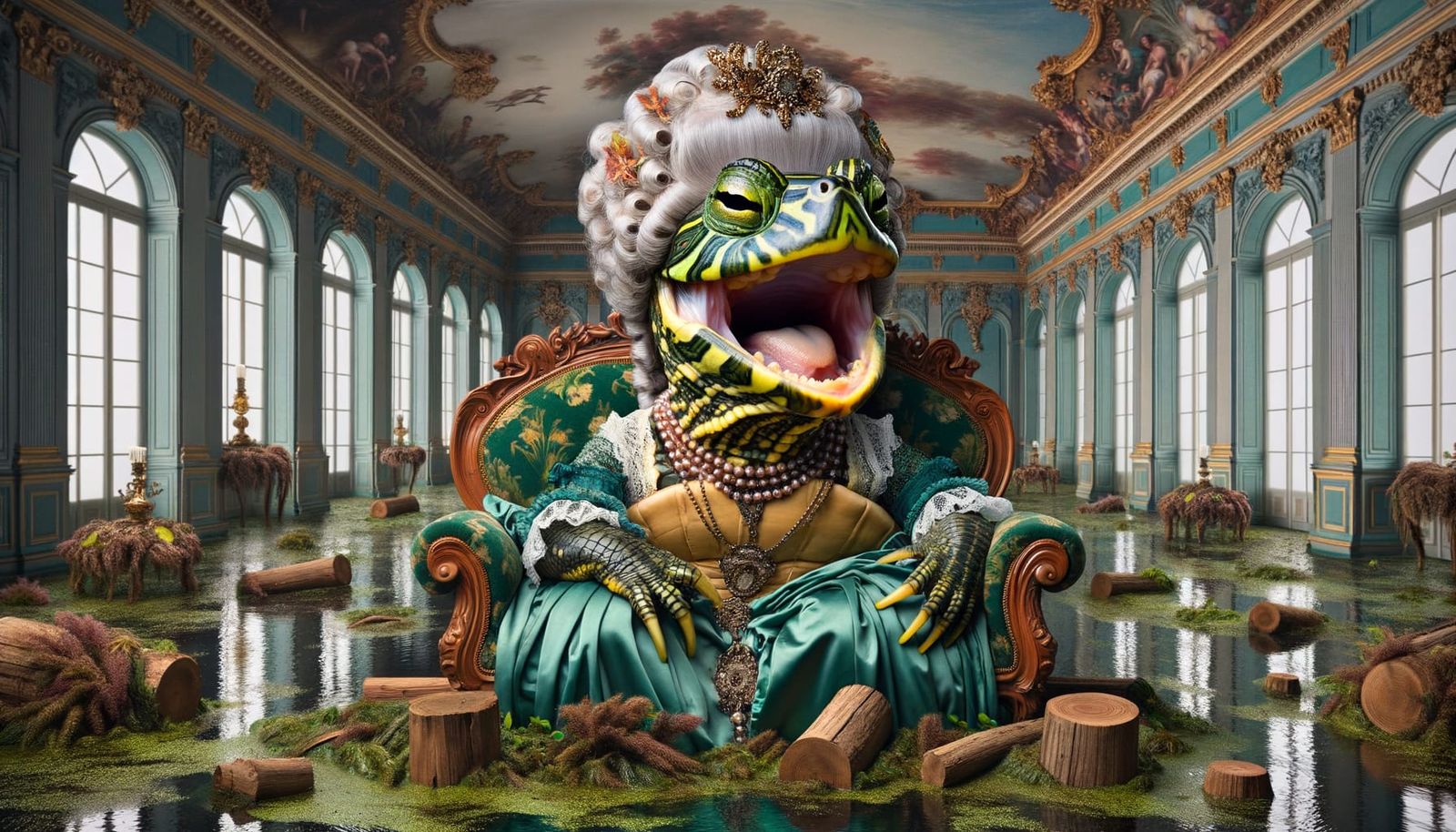 Rococo Courtier Turtle Laughing in Marsh Ballroom