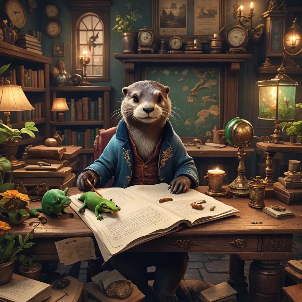 Otter and Gecko Writing Stories in Paris: Detailed Painting
