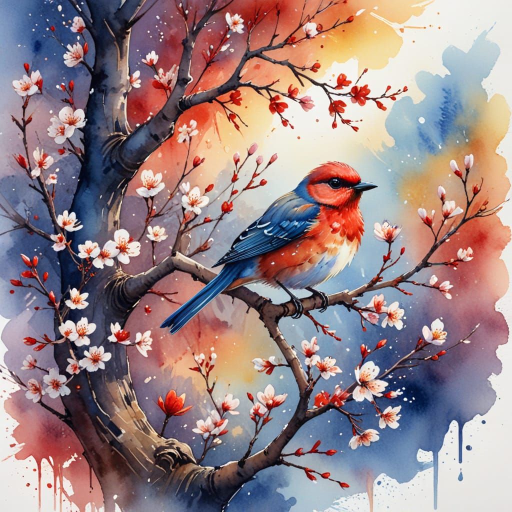 Blossom Tree Bird at Sunset: Watercolour Masterpiece