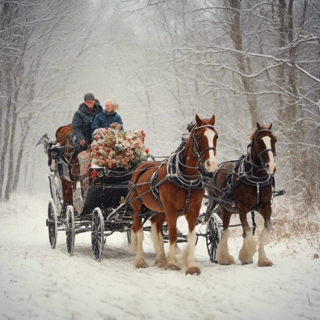 Clydesdale Horses Pulling Sleigh in Winter Snow