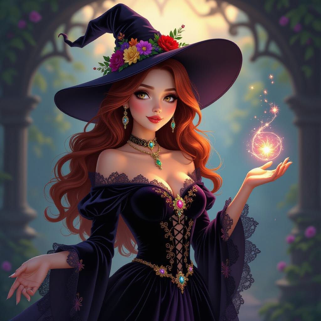 A full-length portrait of a young, beautiful, and fairy tale witch with enchanted Halloween vibes. She has flowing, rich...
