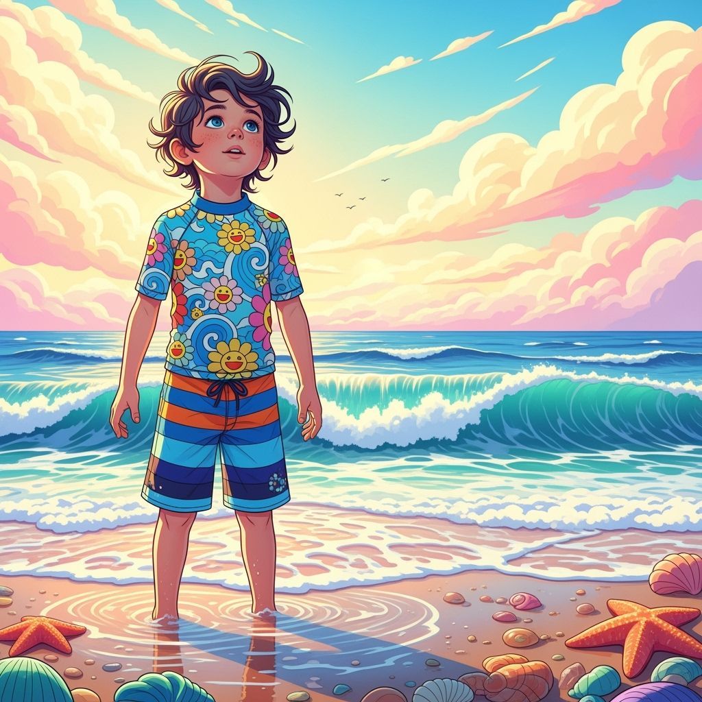 Boy Gazing at Endless Ocean Waves in Pop Art Style
