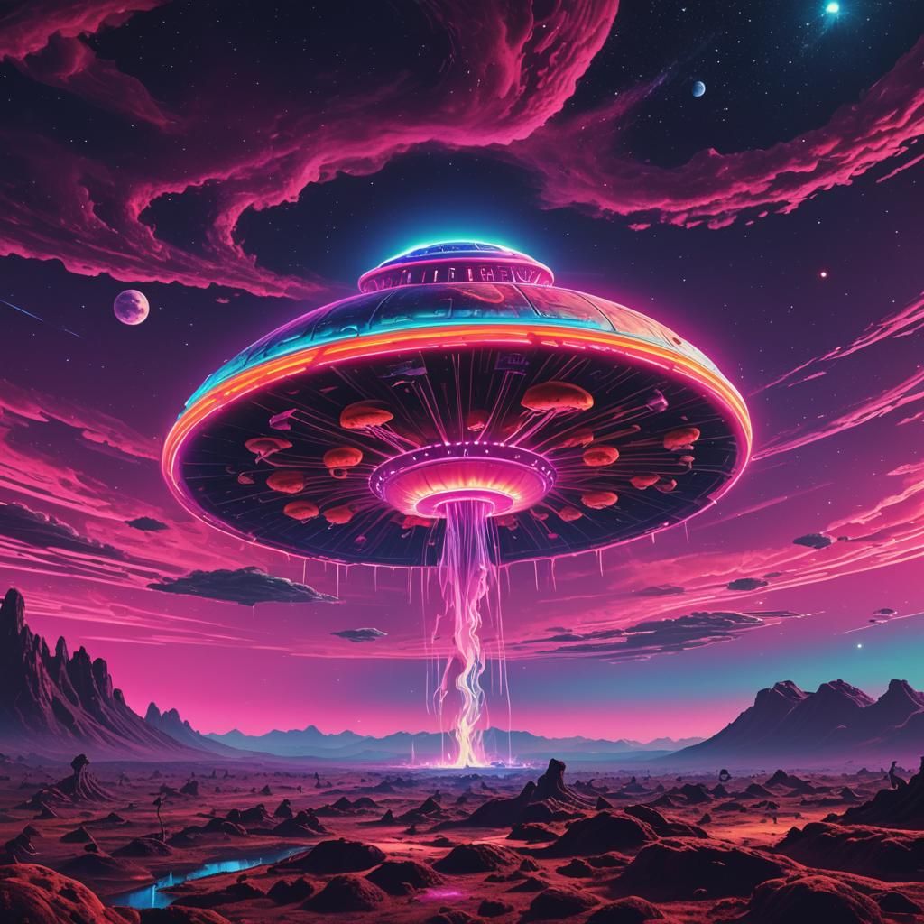 Mushroom UFO Over Earth in Psychedelic Synthwave Style
