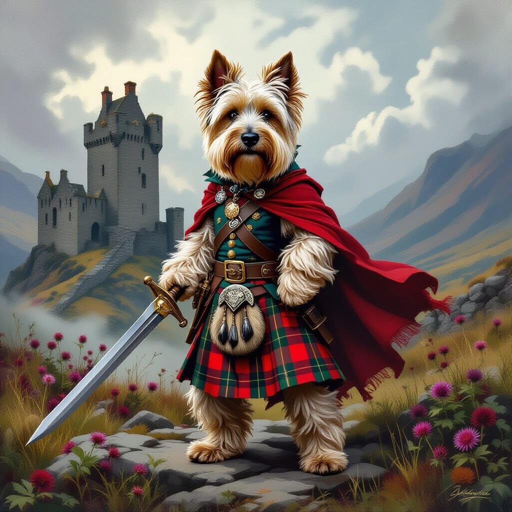 Noble Scottish Terrier in Kilt with Broadsword
