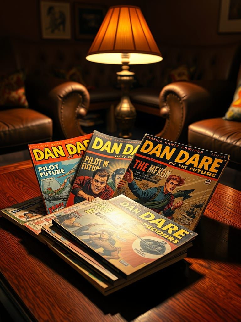 Vintage Dan Dare & Mekon Comics on Coffee Table