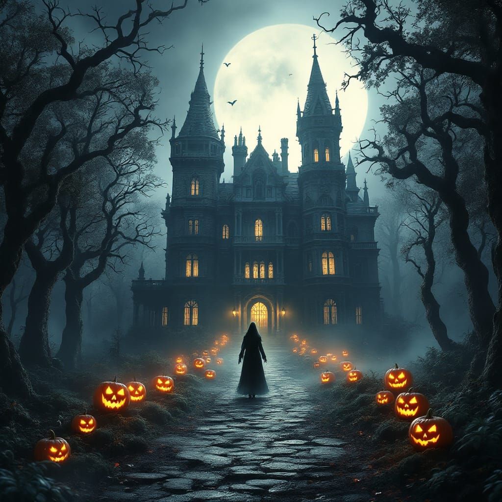 Eerie Mansion in Mystical Forest Under Full Moon